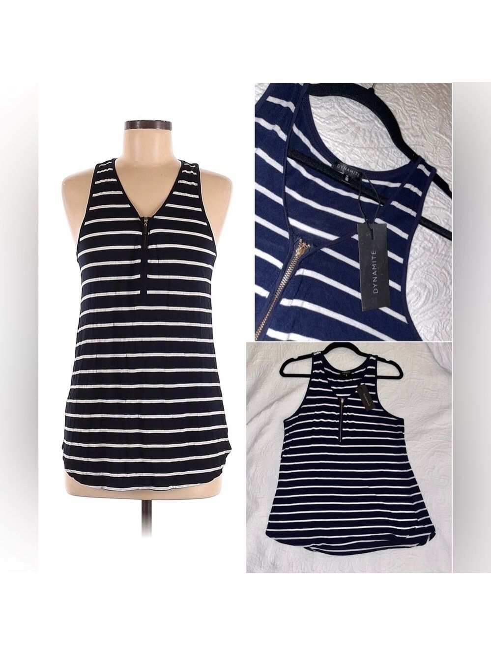 NWT DYNAMITE Women’s Navy Blue & White Striped Racerback Tank Top Size Medium